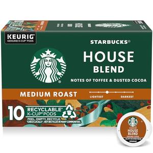 Starbucks K-Cup Coffee Pods, Medium Roast Hot or Iced Coffee, House Blend, 10 Keurig Pods, Pack Of 6, BB Date 05/11/2026