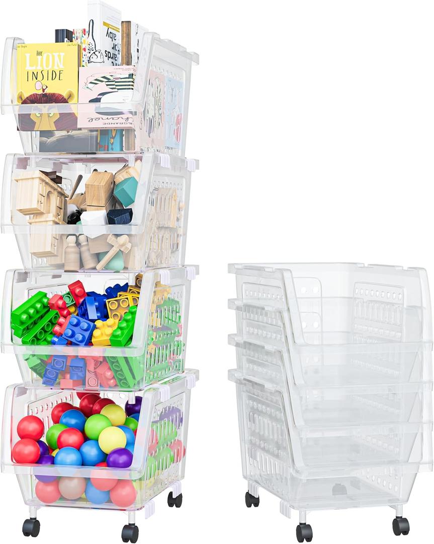 TidyFriend Stackable Storage Bins Open Front Clear, 4 Pack Small Stackable Storage Bins With Wheels, Toy Organizers, Kitchen, and Bathroom Essentials
