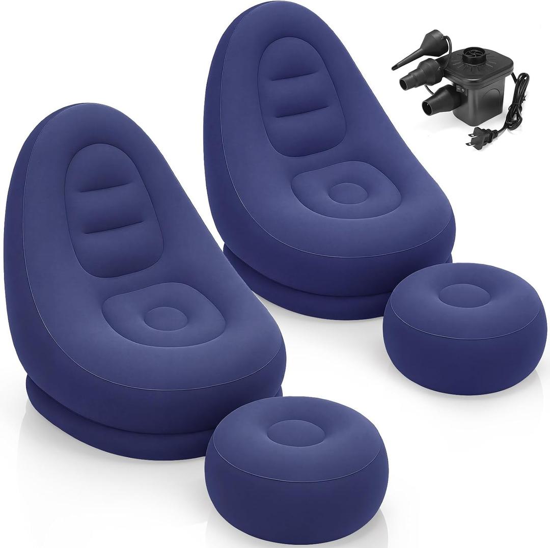 2 Sets Inflatable Bean Bag Chairs Set with Ottoman Electric Pump Folding Blow up Lazy Sofa Loungers Chair with Footstool Couch for Movie Night Film Marathon Gaming Camping (Navy Blue), 46 x 36 x 38 inch