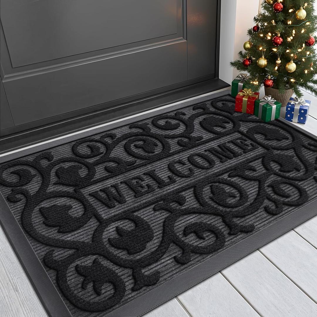 Smiry Welcome Door Mat Outside Entrance, Heavy Duty Trap Dirt and Moisture Easy Clean Low Profile Patio Porch Indoor Outdoor Front Doormat for Entry, 29.5x17 Inch, Black/Welcome