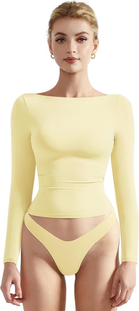 SUUKSESS Women Crew Neck Long Sleeve T Shirts Double Lined Tight Fitted Crop Top (Small)