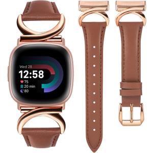 Minyee Leather Bands Compatible with Fitbit Versa 4/Versa 3/Fitbit Sense 2/Sense Band Women, Slim Thin Dressy Designer Premium Leather Strap with C-Shape Metal Buckle for Versa 3 4 Sense 2 Smartwatch