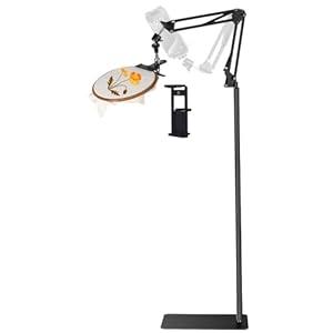 Adjustable Embroidery Hoops Stand for Hand Work, Cross Stitch Frame with 360° Rotation, Embroidery Stand Lap Suitable for Embroidery Kit, 3-in-1 Hoop/ Tablet/ Phone Holder Floor Stand, Black