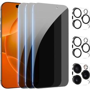Pehael [3+3Pack] Privacy Screen Protector for iPhone 16 Pro Max with Camera Lens Protector Full Coverage Anti-Spy Tempered Glass Film 9H Hardness Upgrade Edge Protection Easy Installation Bubble Free [6.9 inch]