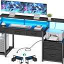 AODK 55 Inch Computer Desk with 3 Drawers and File Cabinet for Storage, Office Desk with Monitor Stand and LED Lights, Home Office Desks, Black