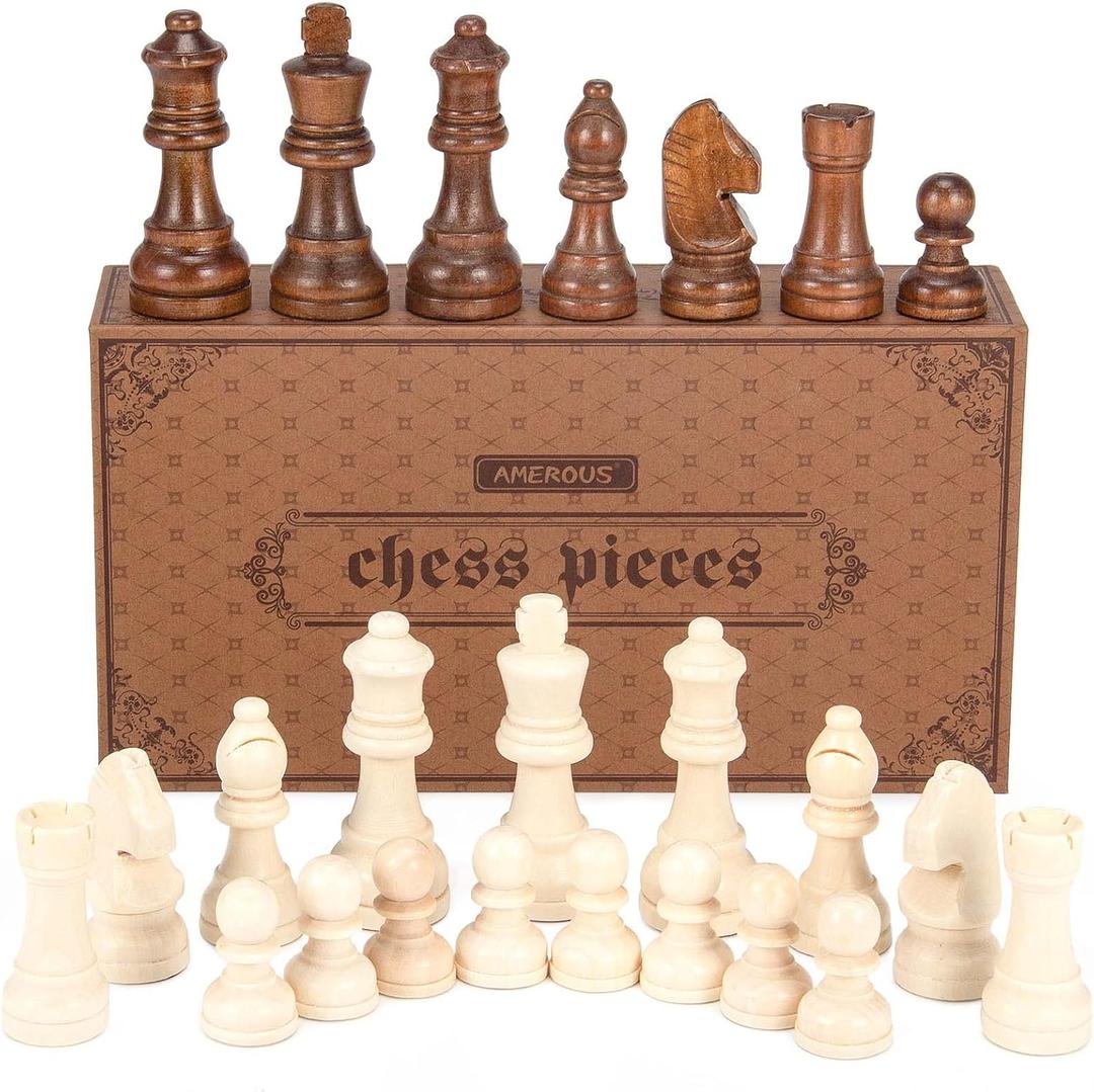 AMEROUS Wooden Chess Pieces Only with 2 Extra Queens / 3.0 Inch King/Storage Bag/Chess Instructions/Chessmen for Chess Borad/Replacement of Missing Pieces (NO Board)