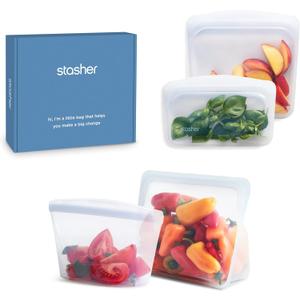 Stasher Silicone Reusable Storage Bags, 4-Pack Starter Kit, Reusable Freezer Bags, Microwave, Dishwasher, Oven Safe, Sous Vide, Premium Lunch Containers, Eco Friendly, Food Storage Bags, Clear | Reusable Food Bags