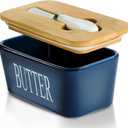Hasense Ceramic Butter Dish, Large Butter Dish with Lid for Countertop, Farmhouse Butter Holder for Refrigerator, Airtight Butter Container with Cover,Blue