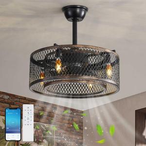 Industrial Caged Ceiling Fan with Light and Remote APP Control, Semi Flush Mount Bladeless Ceiling Fan Light Fixture, Ceiling Fan with E26 Bulb for Bedroom, Kitchen, Dining Room,4 Light,20IN