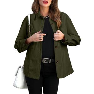 EVALESS Womens Corduroy Jackets Fashion Long Sleeve Button Down Shacket Shirt Jacket with Pockets Fall Outfits 2024 (Small, Moss Green)