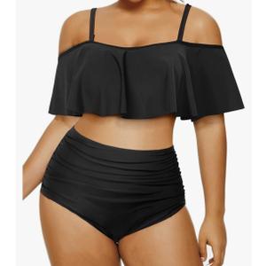 Daci Women Plus Size Bikini Sets High Waisted Ruffle Tummy Control Two Piece Swimsuit Off Shoulder Lace up Bathing Suit XXL Black