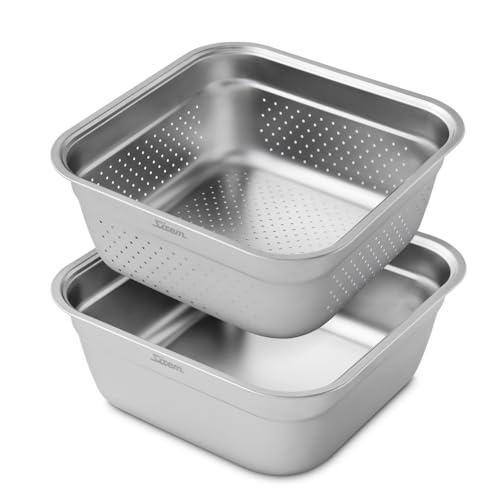 SISEM 2-in-1 Stainless Steel Washing bowl & Colander Set, 12.5" Heavy-Duty Square Washing Up Bowl for Sink, Food Strainer Mixing Bowl, Food-Grade Basin for Rinsing Fruits, Vegetables, Rice & Pasta