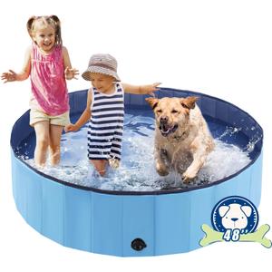 Foldable Dog Bath Swimming Pool Plastic Kiddie Pool Professional Tub Collapsible Grooming Bathtub for Pets Kids Baby and Toddler, 48 x 12 Inches Blue