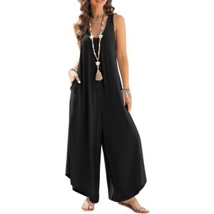 Happy Sailed Women's Jumpsuits Loose Overalls Summer Sleeveless Ruched V Neck Flared Wide Leg Pants Rompers with Pockets (Black, L)