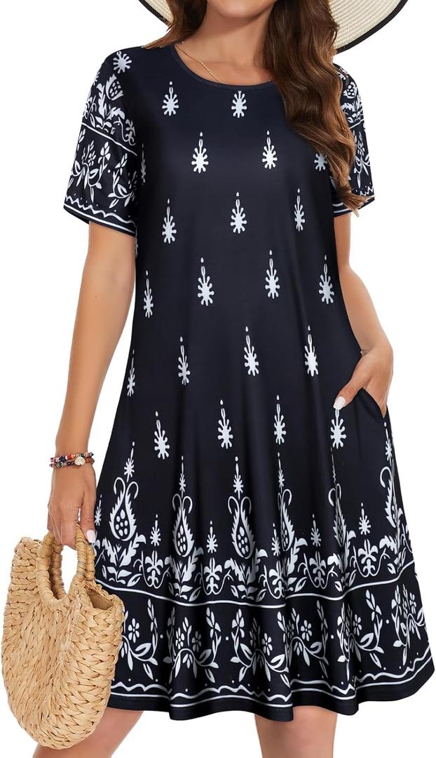 Summer Dresses for Women Casual Tshirt Short Sleeve Floral Sundress Beach Cover Ups with Pockets 2026 (Black, XXL)