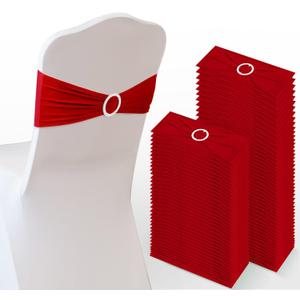 Tudomro 80 Pcs Spandex Chair Sashes, Stretch Ties Bows with Buckle Slider Elastic Bows Chair Cover Bands for Wedding Party Universal Reception Ceremony Banquet Decoration(Red)
