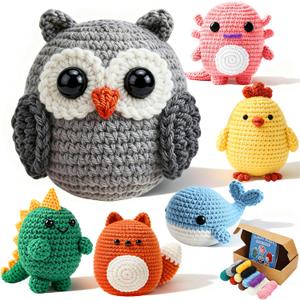 Joyclub 6 Pcs Crochet Kit for Beginners Crochet Starter Kits for Adults and Kids Great Birthday Gifts for Crocheting Lovers with Step by Step Video Amigurumi Animal Family Knitting Kit DIY Craft