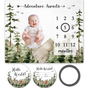 Yuzioey Adventure Awaits Baby Milestone Blanket with Birth Stat Sign, Mountain Baby Growth Chart Monthly Blanket, Watch Me Grow Adventure Nursery for New Moms Shower(50"x40")