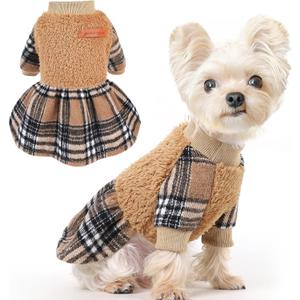 Dog Sweater Dog Winter Clothes for Small Dogs Boy Girl Fall Puppy Dress Warm Fleece Chihuahua Yorkie Teacup Doggy Sweaters Dresses for Small Dogs Girl Cat Outfits, Brown Plaid, Size: Small (Chest 15in )