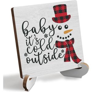 Christmas Decor Rustic Xmas Wooden Desk Decor Funny Seasonal Winter Holiday Christmas Decorations for Home Farmhouse Office Table Shelf Table Tiered Tray Merry Christmas Sign Plaque with Wood Stand 4