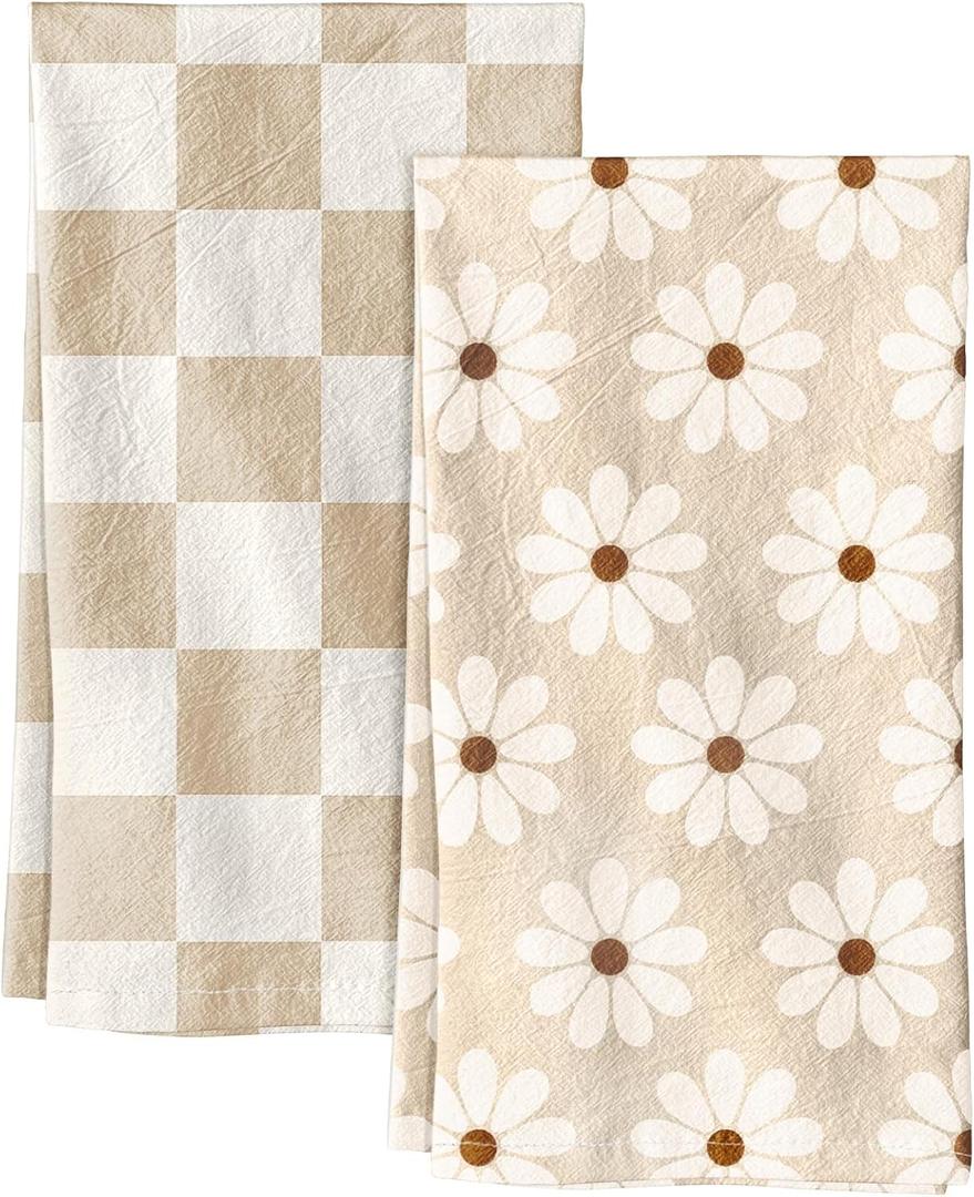 2 Pack Flour Sack Kitchen Towels - 16x26 Inch Cotton Dish Towels with Hanging Loop Reusable Geometric Boho Modern Retro Tea Towel Absorbent Dishcloths Home Decor, Beige Checkered Flower