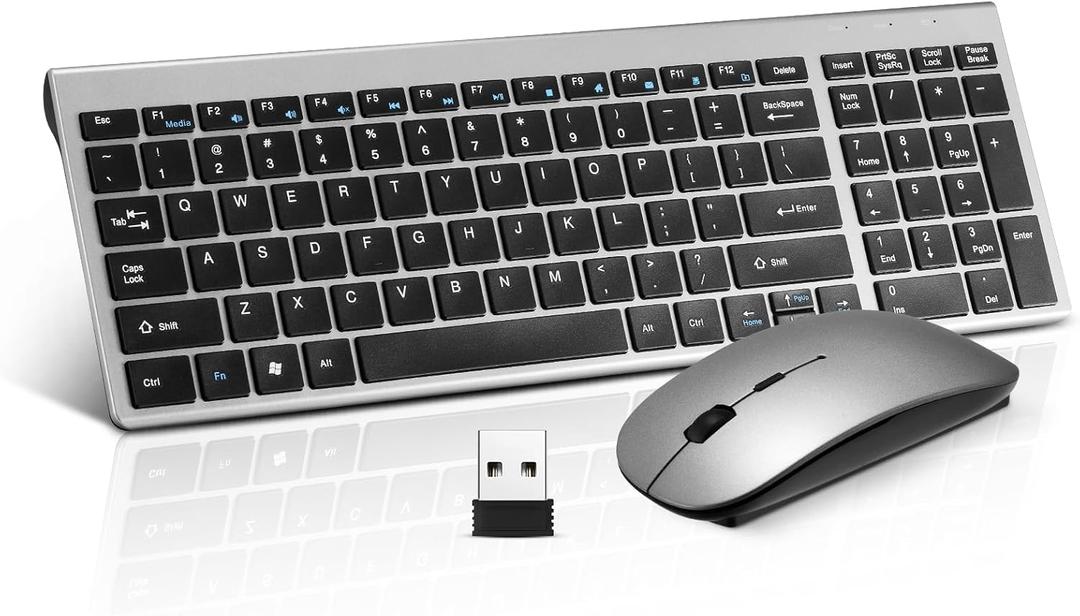 Wireless Keyboard and Mouse Combo, Compact Quiet Wireless Keyboard and Mouse Set 2.4G Ultra-Thin Sleek Design for Windows, Computer, Desktop, PC, Notebook, Laptop-Grey
