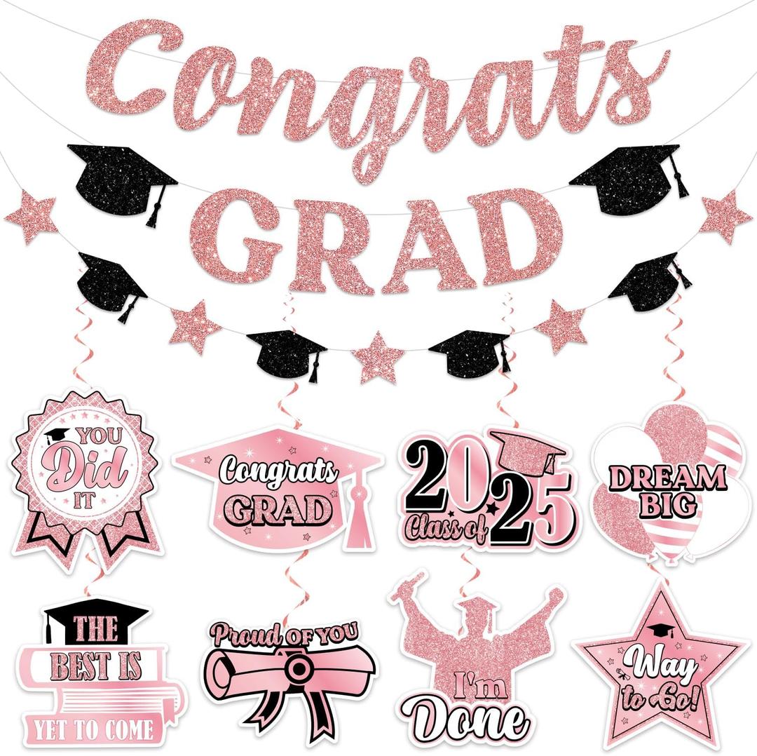 Pink Graduation Decorations 2025, Pink Graduation Party Decorations includes Glitter Congrats Grad Banner Garland, Class of 2025 Hanging Swirls, College or High School 2025 Party