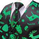 Hi-Tie Christmas Vest and Tie Set For Mens Print Shiny Suit Waistcoat Necktie Xmas Holiday Party Tuxedo Vest (Medium, Black and Green Reindeer)