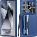 for Samsung Galaxy S24 Ultra Wallet Case, Built-in Card Holder (Store 4-5 Cards) & Kickstand & Slide Camera Cover, Military Grade Protection, Rugged Silicone Case for Galaxy S24 Ultra 2024, Blue