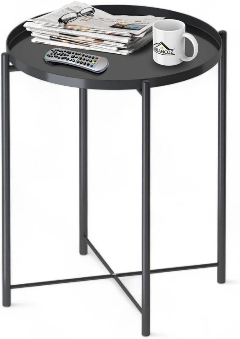 Round Small Side Table, Metal End Table with Removable Tray for Indoor Outdoor, Modern Style Sofa Side Table, Accent Table for Living Room, Bedroom, Balcony, Office (A-Black)