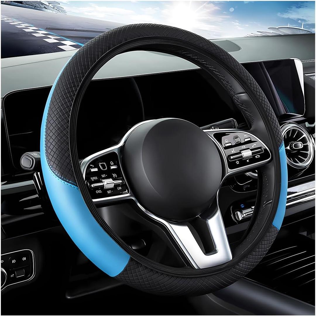 DXNQ Car Steering Wheel Cover, 15 Inch Carbon Fiber Leather Stitching Color Steering Wheel Protector, Anti-Slip Elastic Breathable Steering Wheel Cover Stylish Decor for Most Cars (Black&Blue, AD)