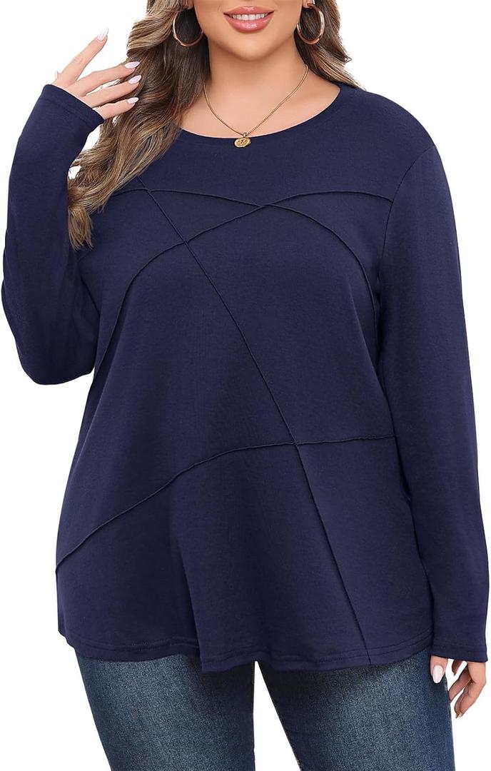Lastshe Plus Size Fall Long Sleeve Tops for Women Loose Casual Tunic Shirts Pleated Fashion Lightweight Sweaters 2025 (2X, Dark Blue)