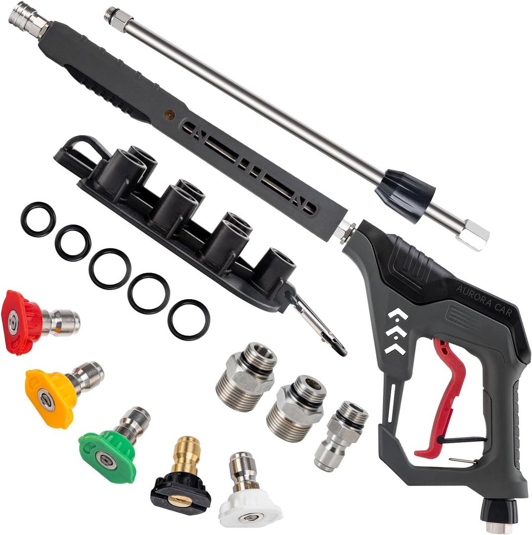 Pressure Washer Gun with Swivel, with Replacement Wand Extension, with M22 14mm & 15mm Fitting, 3/8" Quick Connect Plug, 5 Nozzle Tips with Nozzle Holder, 5000PSI, 41 Inch, Stainless Steel