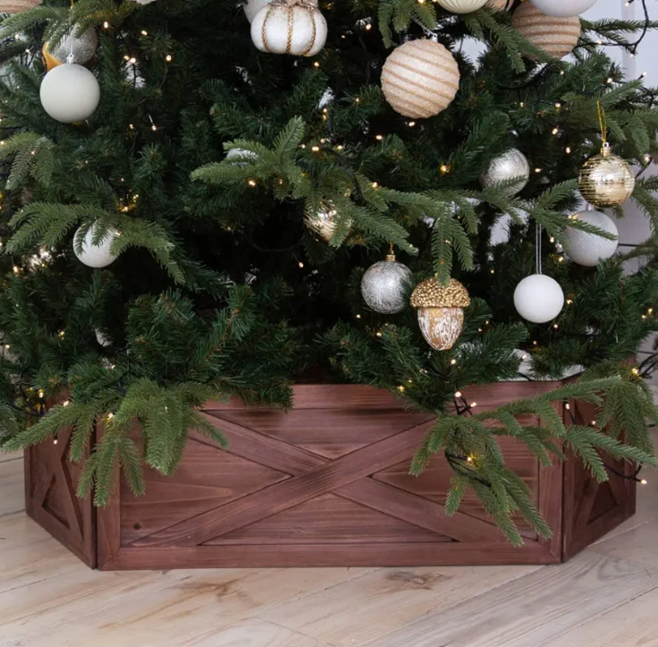 Rustic Wooden Tree Collar Box - Farmhouse Christmas Tree Stand Decor with Vintage Weathered Wood (Folding, Brown) - Christmas Tree Box Stand Farmhouse Rustic Decor - Vintage Weathered Wood Decoration