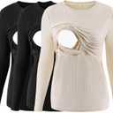 Liu & Qu Women's Nursing Tops Ribbed Long Sleeves Maternity Shirts Double Layer Breastfeeding Shirts Pregnancy Clothes 3 Pack (Medium, Black+black+apricot)