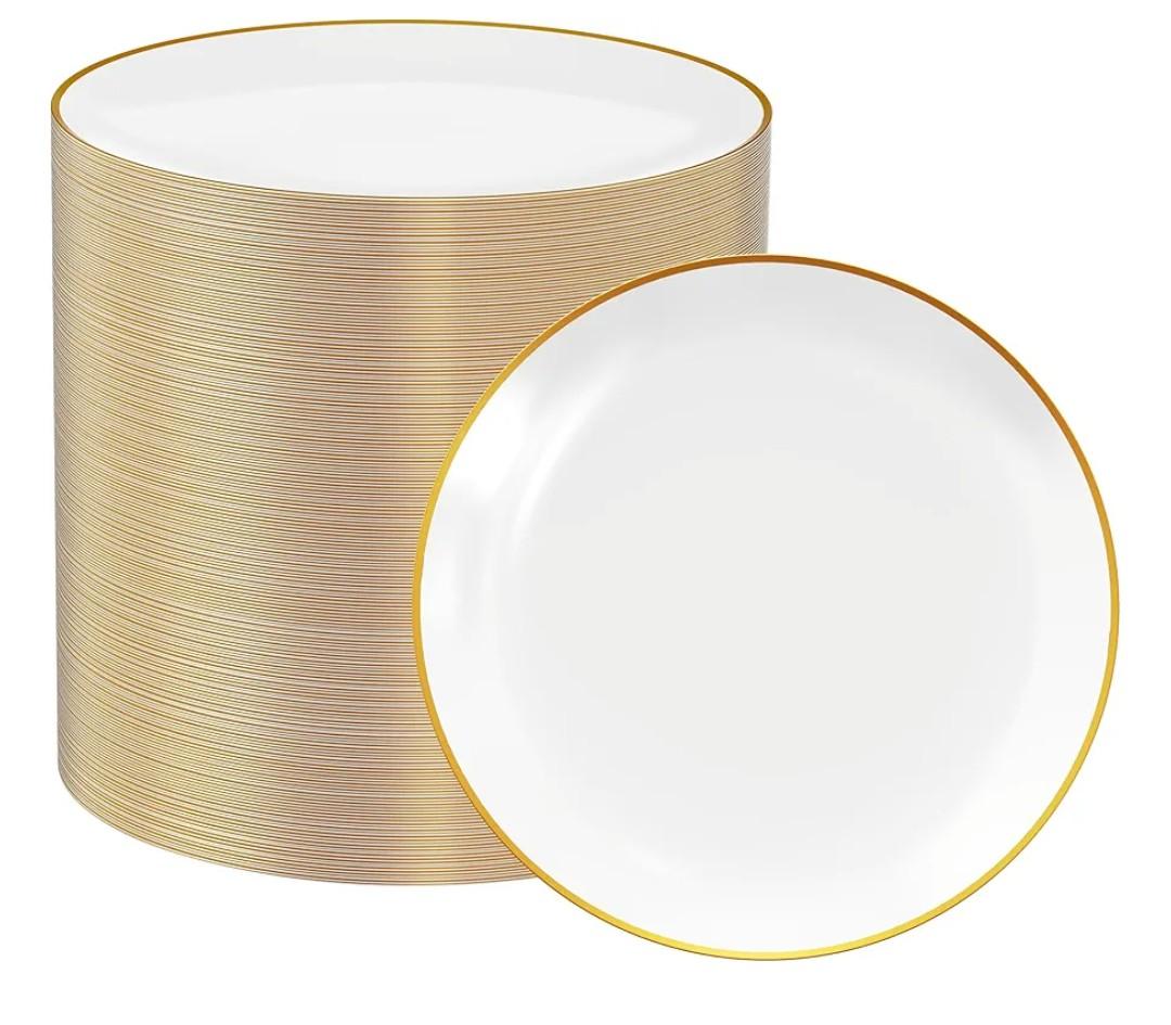 FOCUSLINE 100 Count Gold Plastic Plates 7 Inch, Disposable Heavy Duty Salad Dessert Plates, Premium Hard Plastic Plate Disposable with Gold Rim for Wedding Parties
