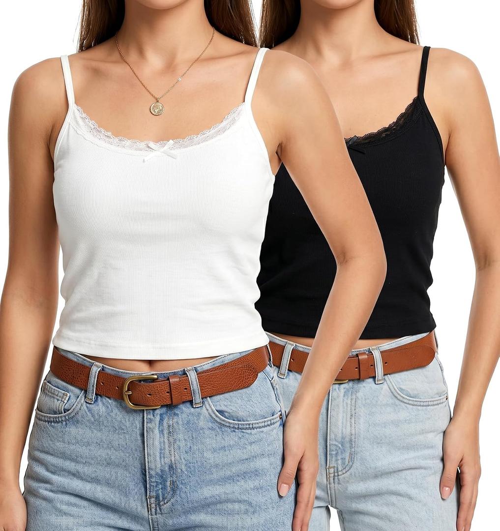 2 Pcs Half Camisoles for Women, Lace Bralette Pack Spaghetti Strap Lace Tanktop for Women, Breathable Basic Cami with Bowknot Design, XS Ideal for Girls Under 120k (Black & White, XS)