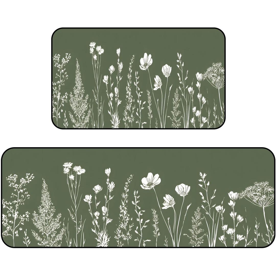 BSFHH Set of 2 Kitchen Rugs - 17"x47"+17"x30" Kitchen Mats for Floor Washable Non Slip Front Door Mat Floor Rug for Home Kitchen Decorations, Sink, Office, Laundry (Grass)