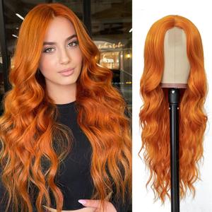 NAYOO Long Wavy Orange Wigs for Women - 26'' Long Ginger Wig, Natural Looking Orange Wavy Wigs, Easy to Put Ginger Curly wig, Heat Resistant Synthetic Cosplay Halloween Daily Wear Wig