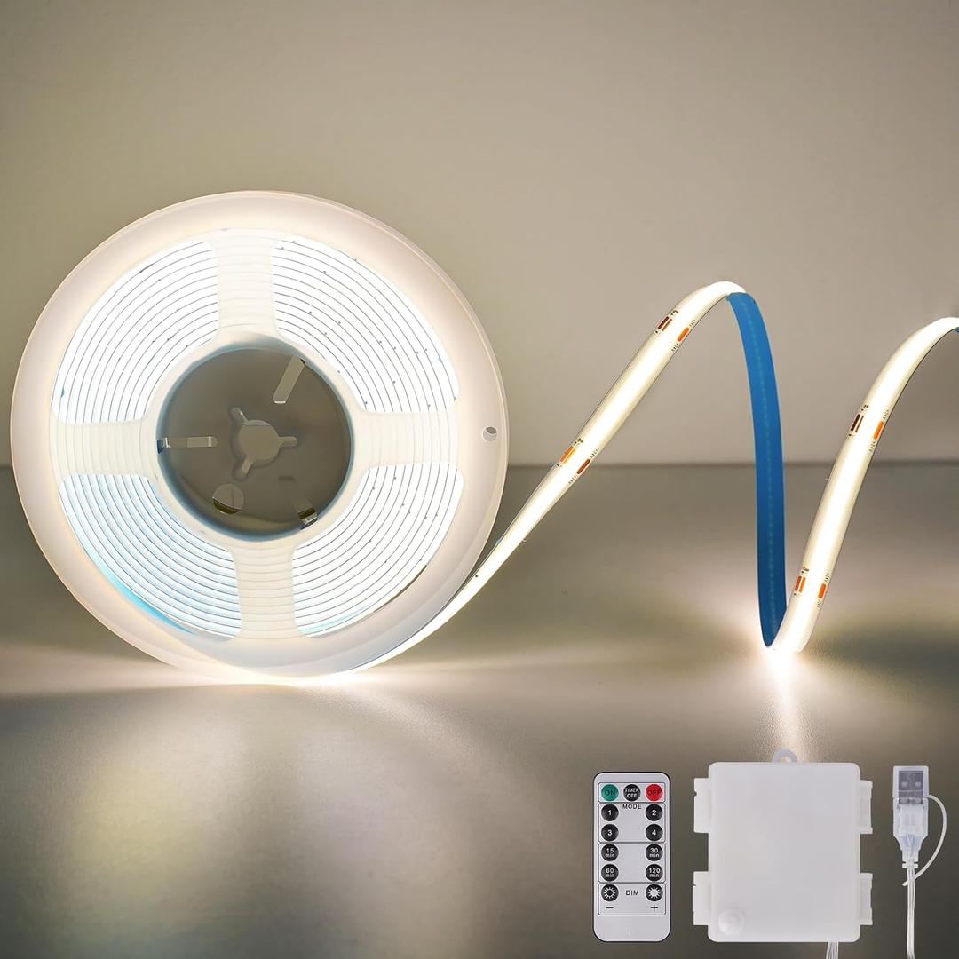 OMIKA COB LED Light Strip, 6.56FT 640LED 4000K Natural White Battery Powered LED Strip Lights with Remote Control Timer Dimmable Flexible Cuttable Tape Light for Cabinet Shelves Desk Bedroom