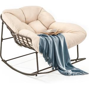 YITAHOME Rocking Papasan Chair, Outdoor Oversized Saucer Chair with Foldable Frame & Comfy Cushion, Wicker Basket Moon Chair for Patio, Porch, Bedroom (Brown+Beige), 1PCS