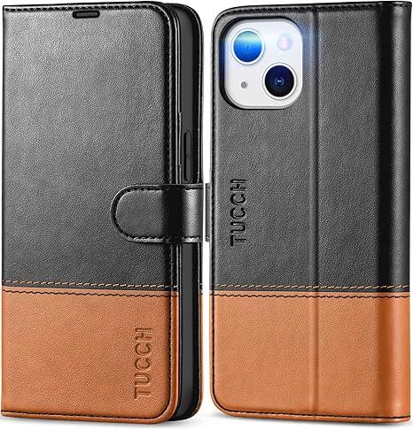 TUCCH Wallet Case for iPhone 13, [RFID Blocking] [3 Card Slots] TPU Interior Protective Case, Magnetic Folio Shockproof PU Leather Stand Flip Cover Compatible with iPhone 13 6.1 5G, Black & Brown