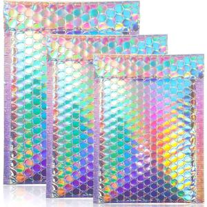 50 Pieces Bubble Mailers 3 Sizes Self Seal Adhesive Poly Mailers Metallic Foil Glitter Padded Shipping Bubble Envelopes for Valentine Mailing Packing Small Business (Rainbow Color)