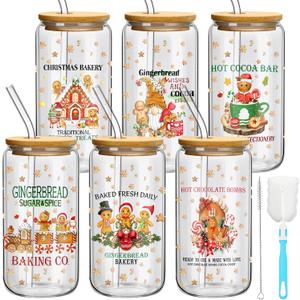 Yetene 6 Set Christmas Glasses Cups with Bamboo Lid and Glass Straw 16 oz Gingerbread Man Christmas Drinking Cup Beer Iced Coffee Cup Xmas Tumbler Mugs for Women Men Holiday Party Office Gifts