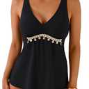 Dokotoo Tankini Swimsuits for Women V Neck Tummy Control Removable Padded Two Piece Bathing Suit with High Waisted Bottom Swimwear Cute Solid Color Beach Vacation Clothes Swim Suits Black X-Large