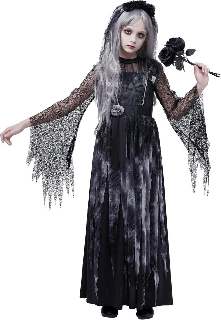 Spooktacular Creations Haunted Princess Costumes for Girls, Kids Scary Cemetery Bride Dress, Zombie Gothic Outfits with Headband for Halloween Ghost Role Playing Parties, X-Large (12-14 yrs)