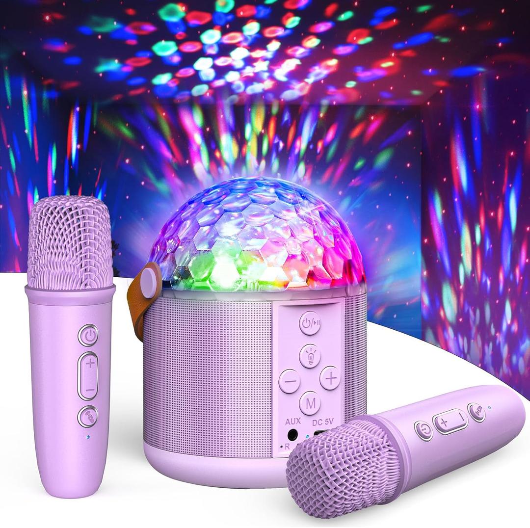 Karaoke Machine with Disco LED Lights for Adults Kids, Portable Bluetooth Speaker with 2 Wireless Microphone, Gifts Toys for 3-12+ Kids Birthday Family Home Party (Purple)