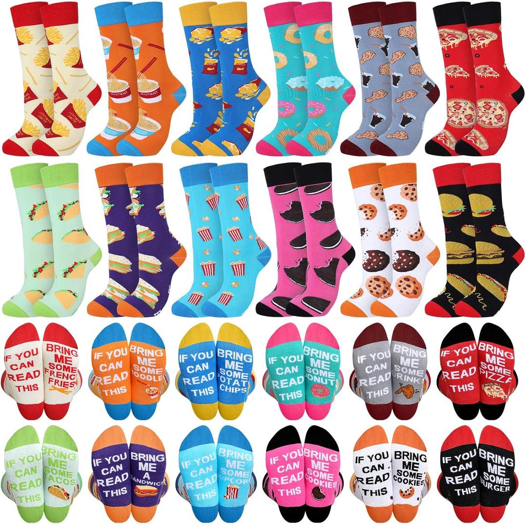 Leumoi 12 Pairs Snack Socks Food Theme Crew Socks French Fries Biscuit Burger Patterned Dress Stocking Gift for Men Women Food Lover