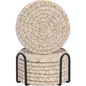 ABenkle 8 Pcs Drink Coasters with Holder, Cotton Woven Absorbent Coasters for Drinks, Minimalist Home Decor Coaster Set for Wooden Tabletop Protection Table, 4.3 inches Mixed Brown