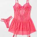 Women's 2-Piece Lingerie Set – Neon Pink Lace Babydoll Chemise, Matching Strappy Garter Dress and Thong Panty, Size M